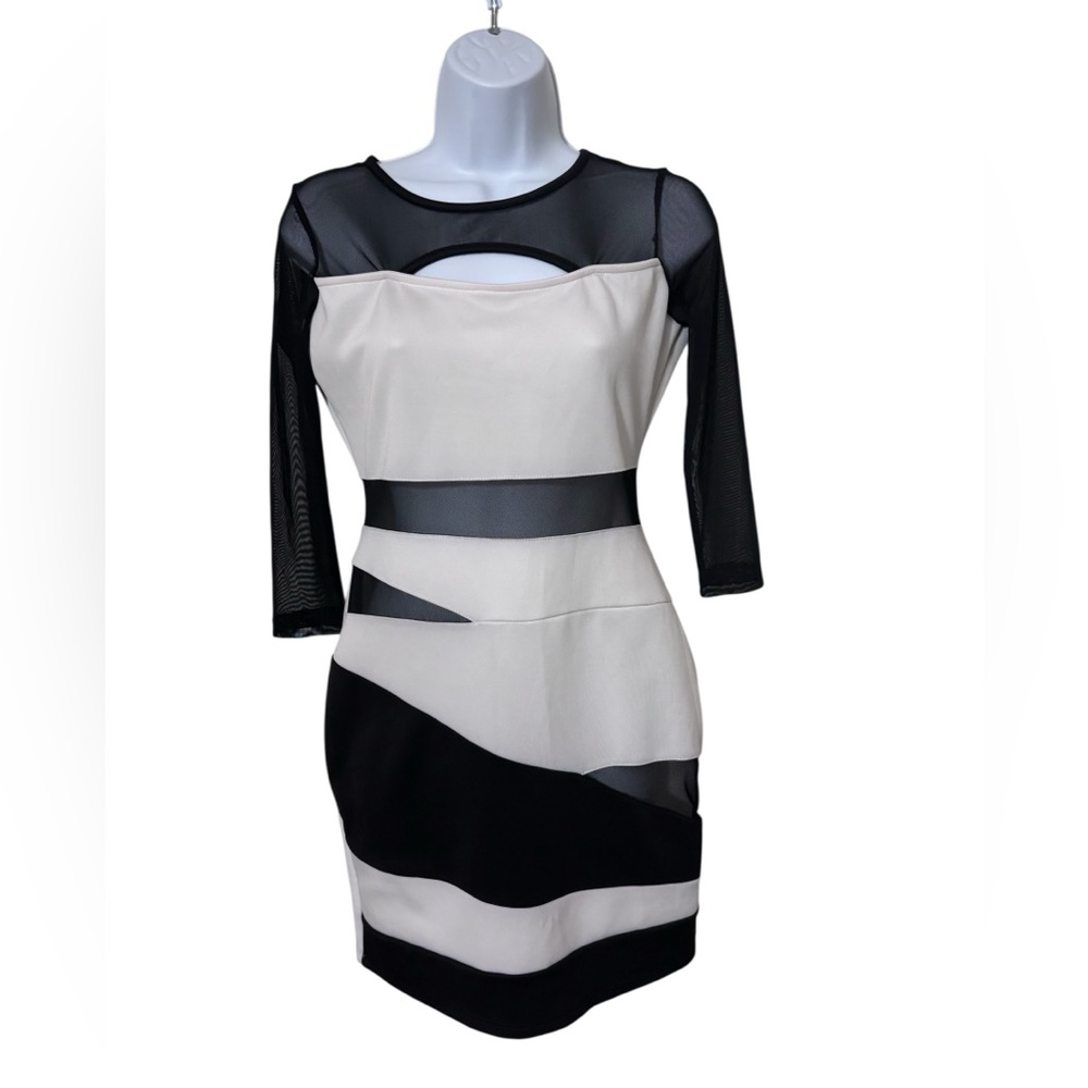 Arden B Black White Mesh Cutout Bodycon Mini Dress Sheer Panels Size Large